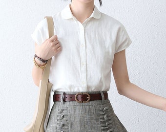 White Linen shirt, Short Sleeve Button Down Shirt Women, Womens Summer Linen Shirts, Classic Soft Comfy Shirt, Leisure Handmade shirt 2890#