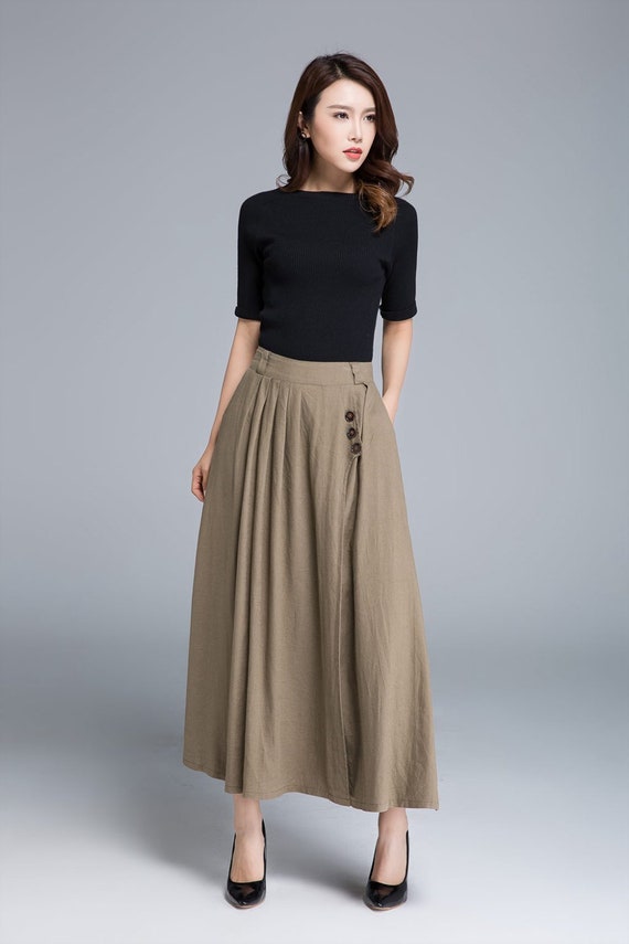 Khaki skirt linen skirt pleated skirt pocket skirt button Etsy