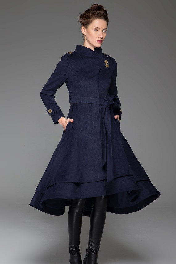 Navy blue coat stand up collar long coat womens coats cute Etsy