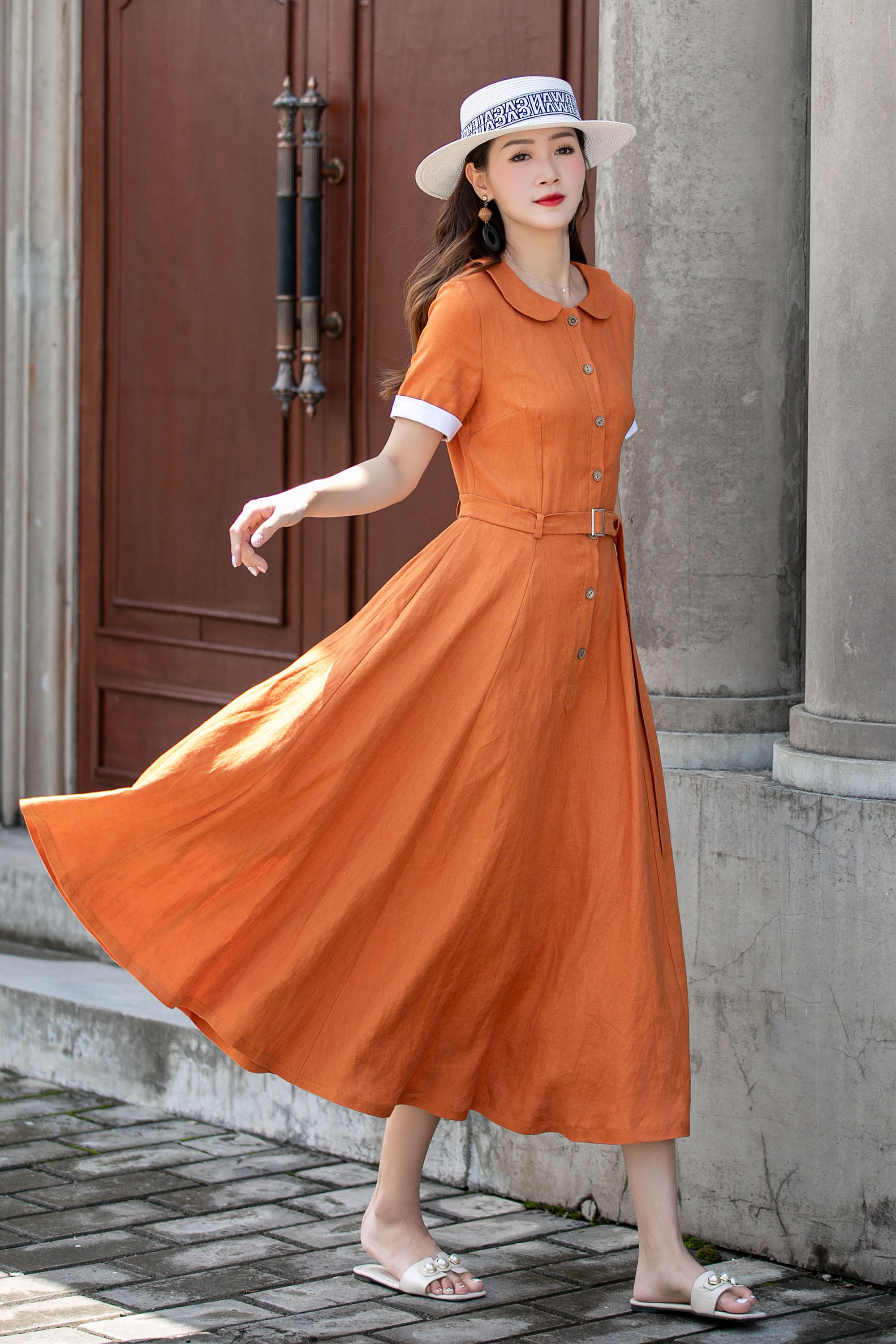 Orange Linen Blend Midi Dress - Square Neck Sleeveless | Xiaolizi Orange / XS