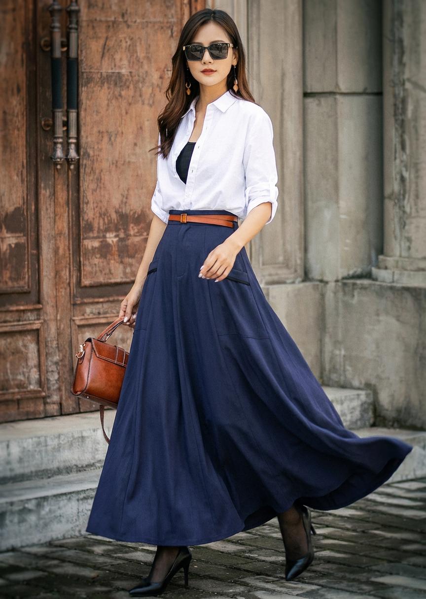 Long Swing Linen Maxi Skirt, A-line Linen Skirt, Navy Blue With