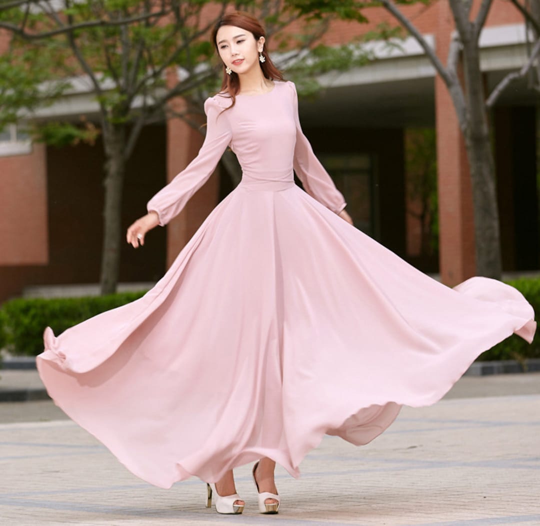 Women Formal Red Chiffon Dress / Swing Maxi Dress/ Summer Flowy Dress With  Long Sleeves / Fit and Flare Dress/ Party Dress/ Ylistyle C1736 