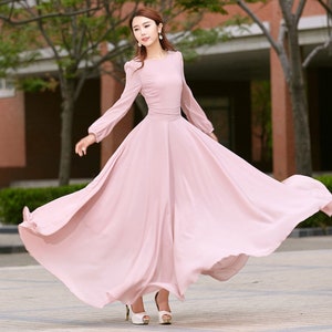 Chiffon dress, Pink dress, Long sleeve Bohemian Swing Chiffon dress, Women Summer spring Fit and Flare Chiffon Maxi dress, Custom dress 2623