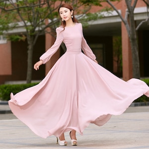 Chiffon dress, Pink dress, Long sleeve Bohemian Swing Chiffon dress, Women Summer spring Fit and Flare Chiffon Maxi dress, Custom dress 2623