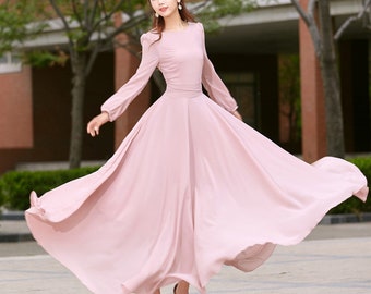 Chiffon dress, Pink dress, Long sleeve Bohemian Swing Chiffon dress, Women Summer spring Fit and Flare Chiffon Maxi dress, Custom dress 2623