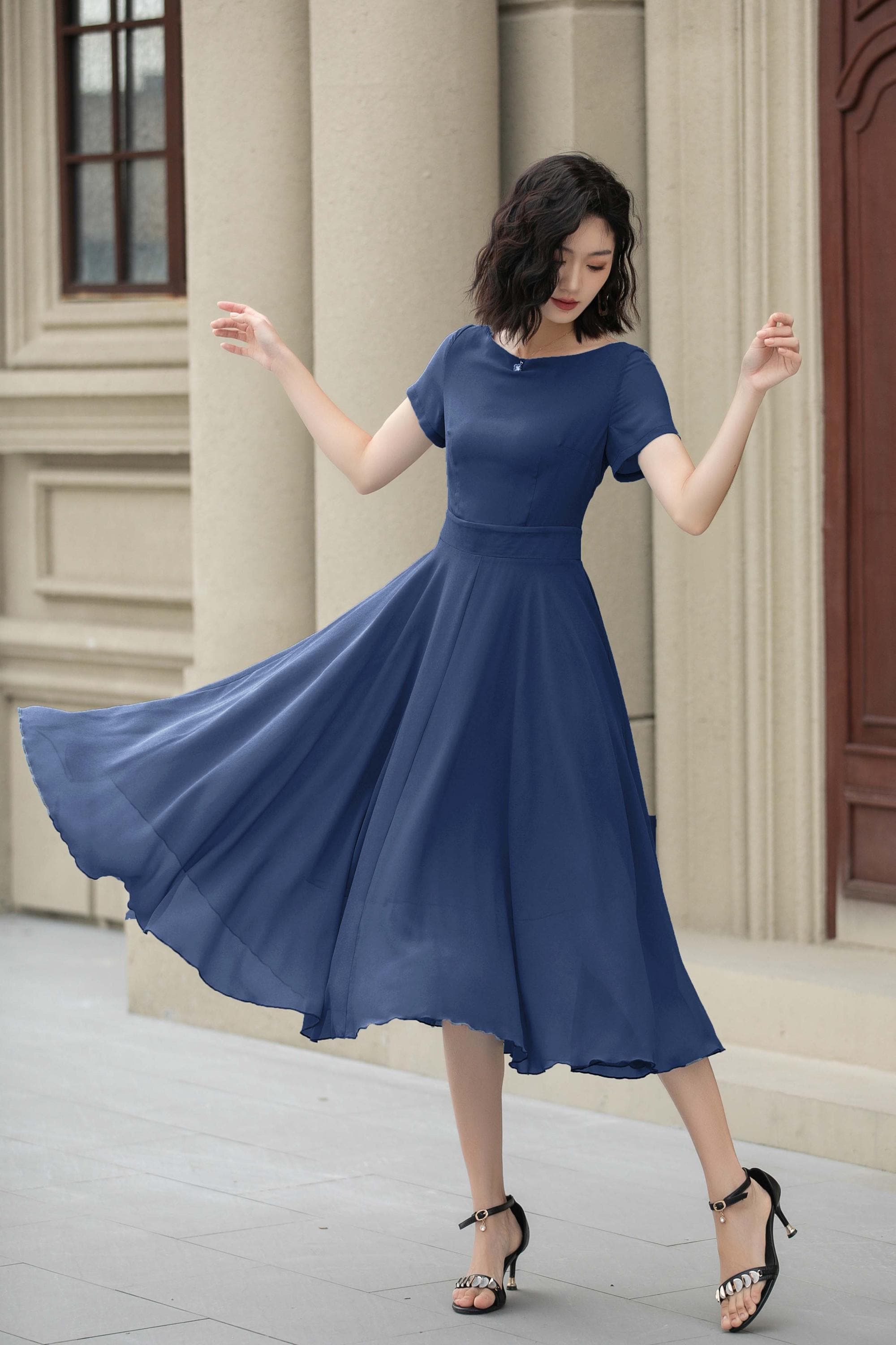 formal dress midi Navy Floral Jacquard Midi Dress - All Dresses