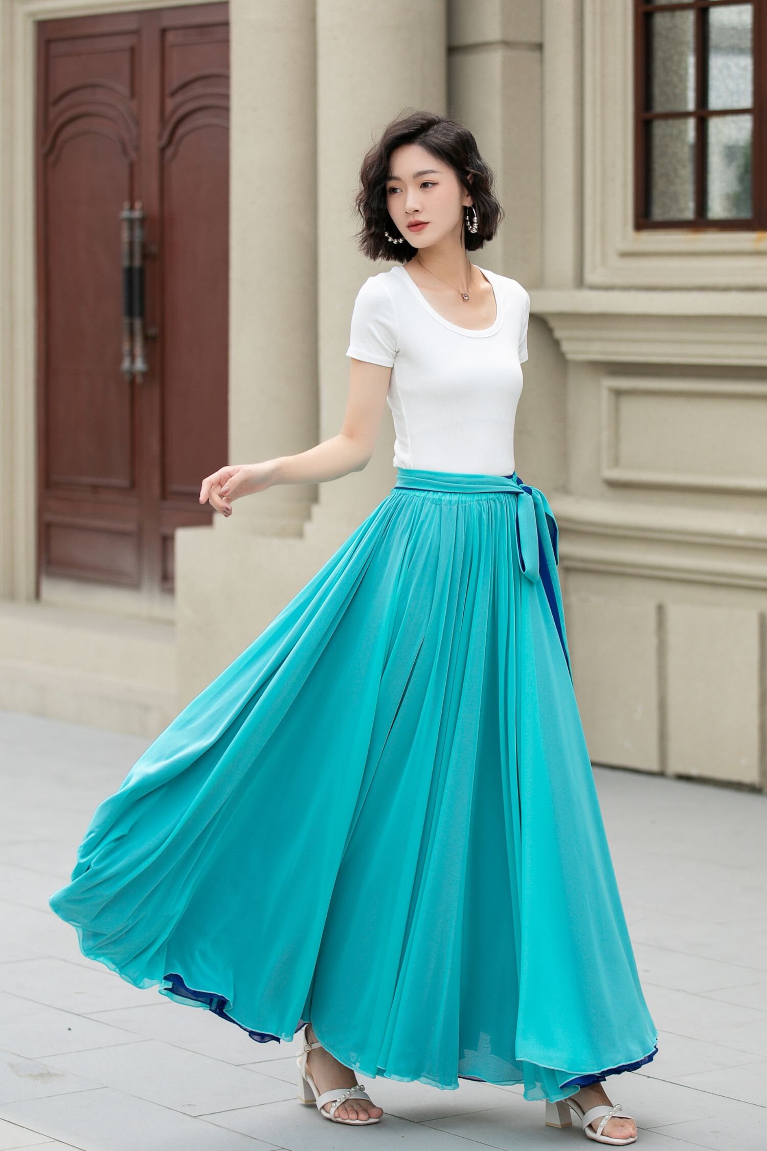 room306♡Chiffon Tuck Maxi Skirt Chiffon Maxi Skirt Women, Summer Swing Chiffon Skirt, Blue