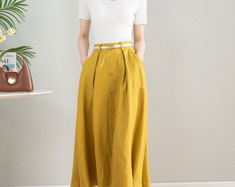 [nuuanu ] / ☆ Lysia Skirt / Yellow Yellow Linen Skirt, Womens Linen Midi Skirt, Button Front