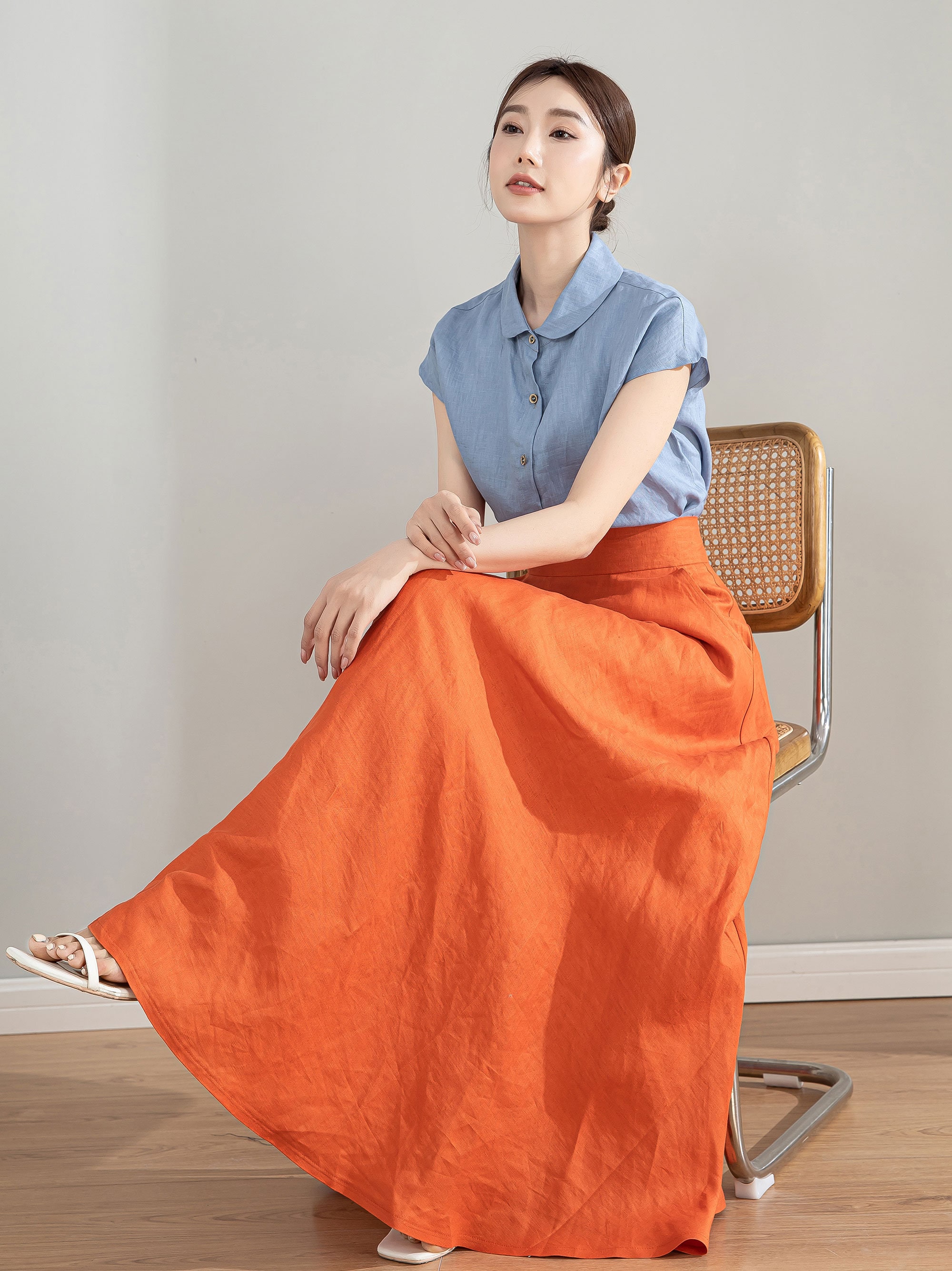 Orange Womens Linen Maxi Skirt, A-line Swing Skirt With