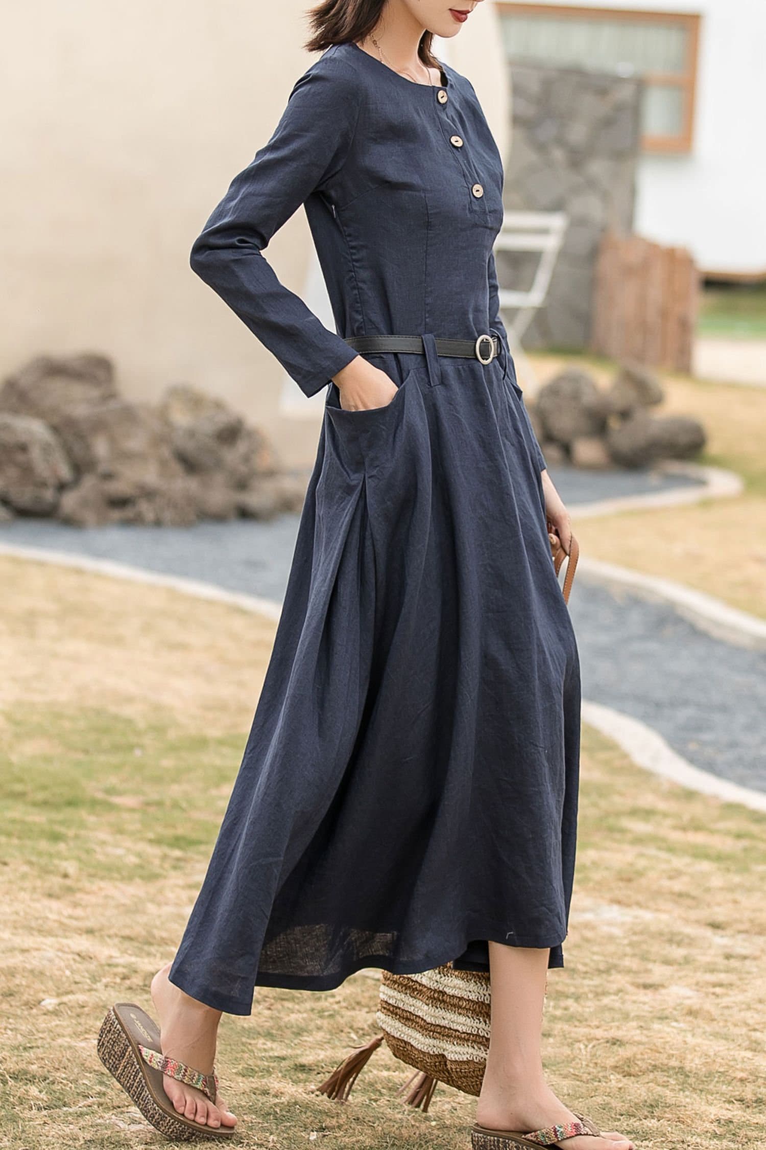 Linen Maxi Dress: Long Sleeve Spring Dress With Pockets, Custom