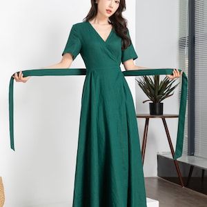 Green Wrap Linen dress, Summer Linen Maxi dress, Womens dress, Long Linen dress, Dress with pockets, Short Sleeve dress, Custom dress 4248 image 8