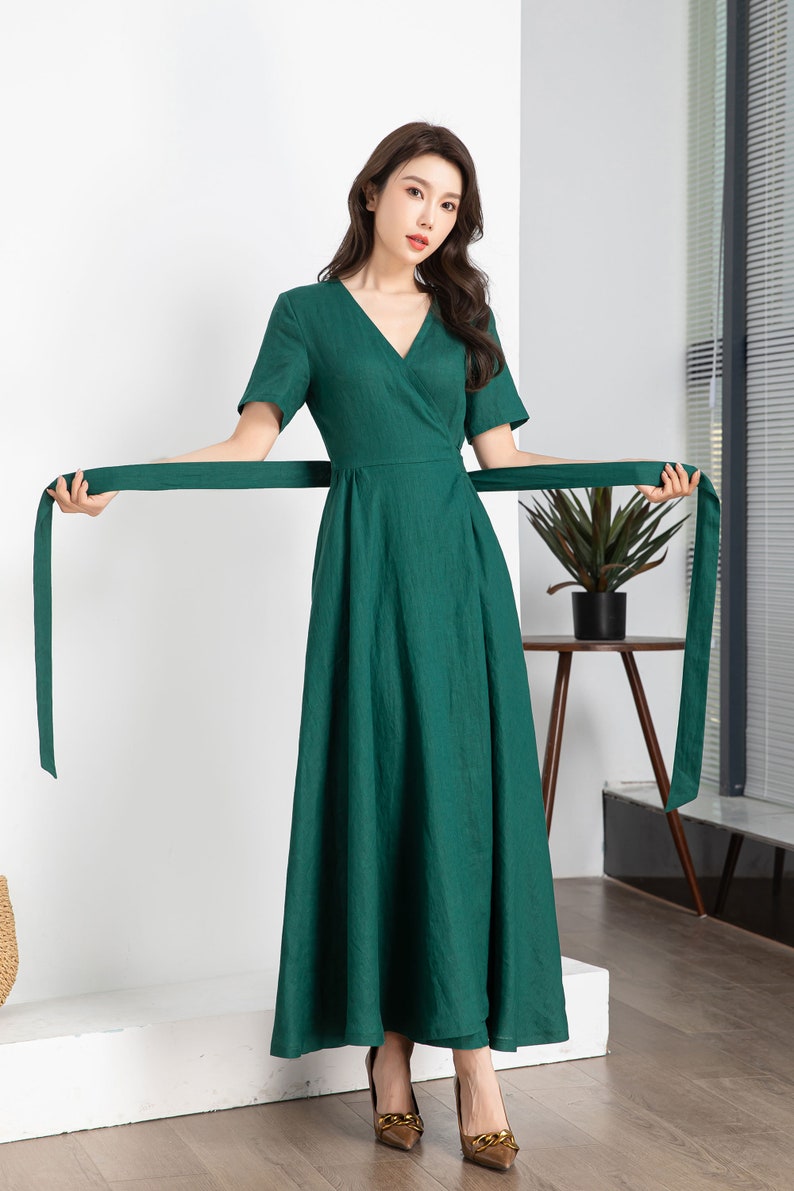 Green Wrap Linen dress, Summer Linen Maxi dress, Womens dress, Long Linen dress, Dress with pockets, Short Sleeve dress, Custom dress 4248 image 8