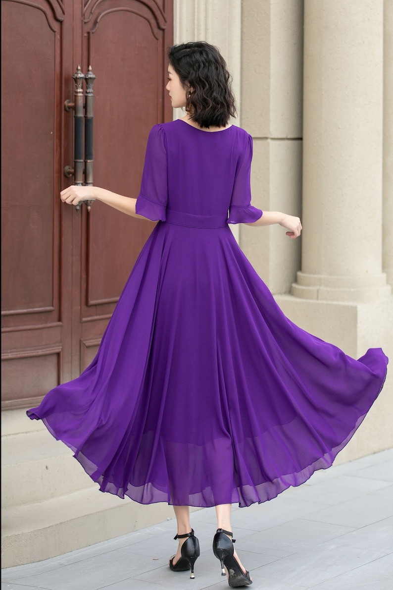 Women's Chiffon Dress, A Line Summer Chiffon Dress, Purple Boho Dress, Big Swing Dress, Circle Chiffon Dress, Ankle Length Dress 5116 image 9