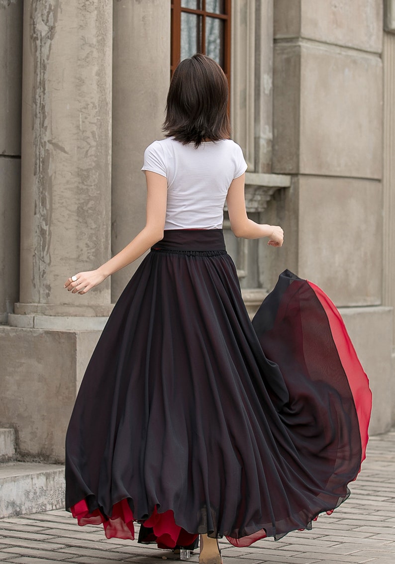 Black Long Chiffon Maxi Skirt Women, Swing Full Circle Skirt, Boho Maxi Skirt, Elastic Waist Chiffon Skirt with Sash, Plus Size Skirt 2714 image 5