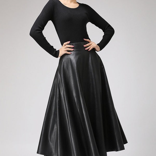 Black faux leather skirt - Classic style maxi skirt - women PU vegan flared skirt - circle skirt - designer woman's skirt - plus size 0719