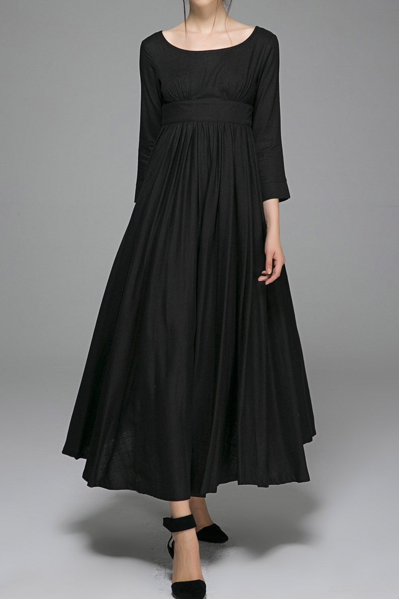 Empire Waist Dress, Vintage Style Maxi Dress, Black Linen Dress, Women Swing Dress, Plus Size Dress, Xiaolizi, Fit and Flare Dress 1394 Black-1394#