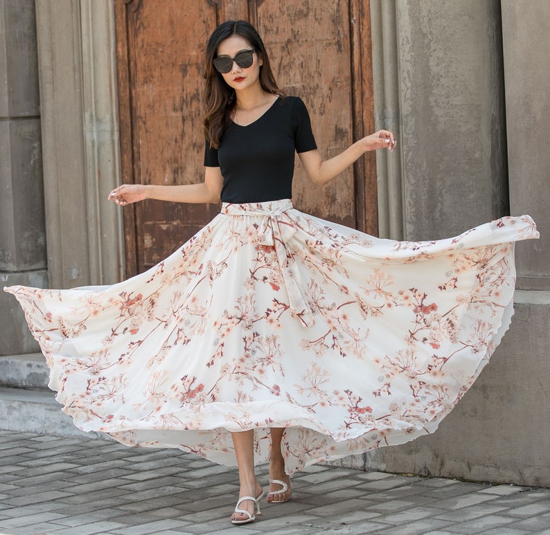 Floral Maxi Chiffon Skirt Women Elastic Waist Long Skirt - Etsy