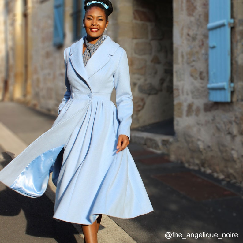 Wool Princess coat, Dress Coat, 1950s Vintage inspired Swing coat, Long wool coat women, winter coat women, fit and flare coat 1640 Light Blue