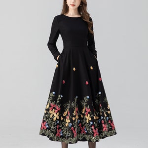 Midi wool dress, Black embroidered dress, Long sleeve wool dress, Fit and flare dress, Swing winter dress, Custom dress, Xiaolizi 4663 image 7