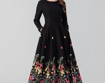black long sleeve embroidered dress Mahin Black and Gold Embroidered Chiffon Modest Long Maxi Dress | Modest Muslim Dresses main image 0