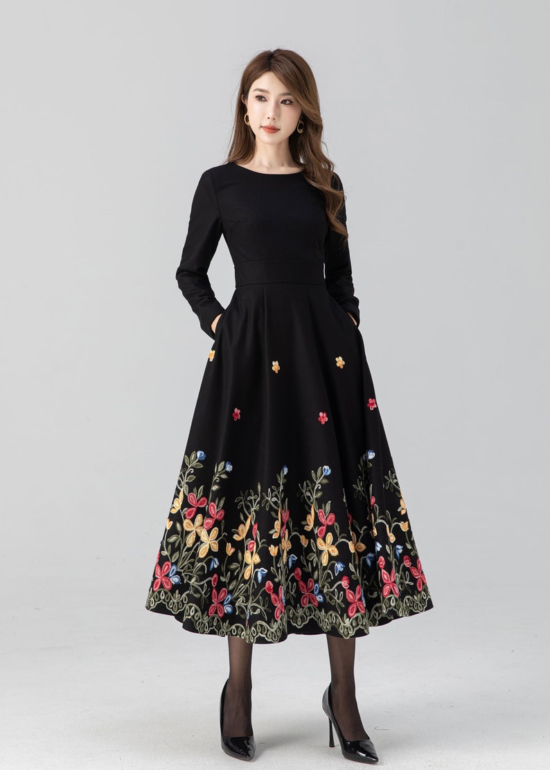 Midi wool dress, Black embroidered dress, Long sleeve wool dress, Fit and flare dress, Swing winter dress, Custom dress, Xiaolizi 4663 image 7