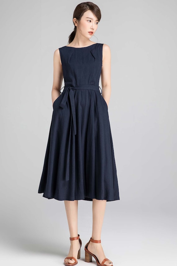 Xiaolizi handmade 50s sleeveless swing midi dress in Blue 1401# Xiaolizi handmade 50s sleeveless swing midi dress in Blue 1401#