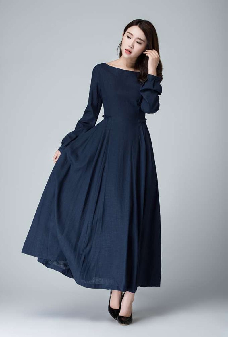 Dark Blue Dress Linen Dress Fall Dress Prom Dress Party - Etsy Canada
