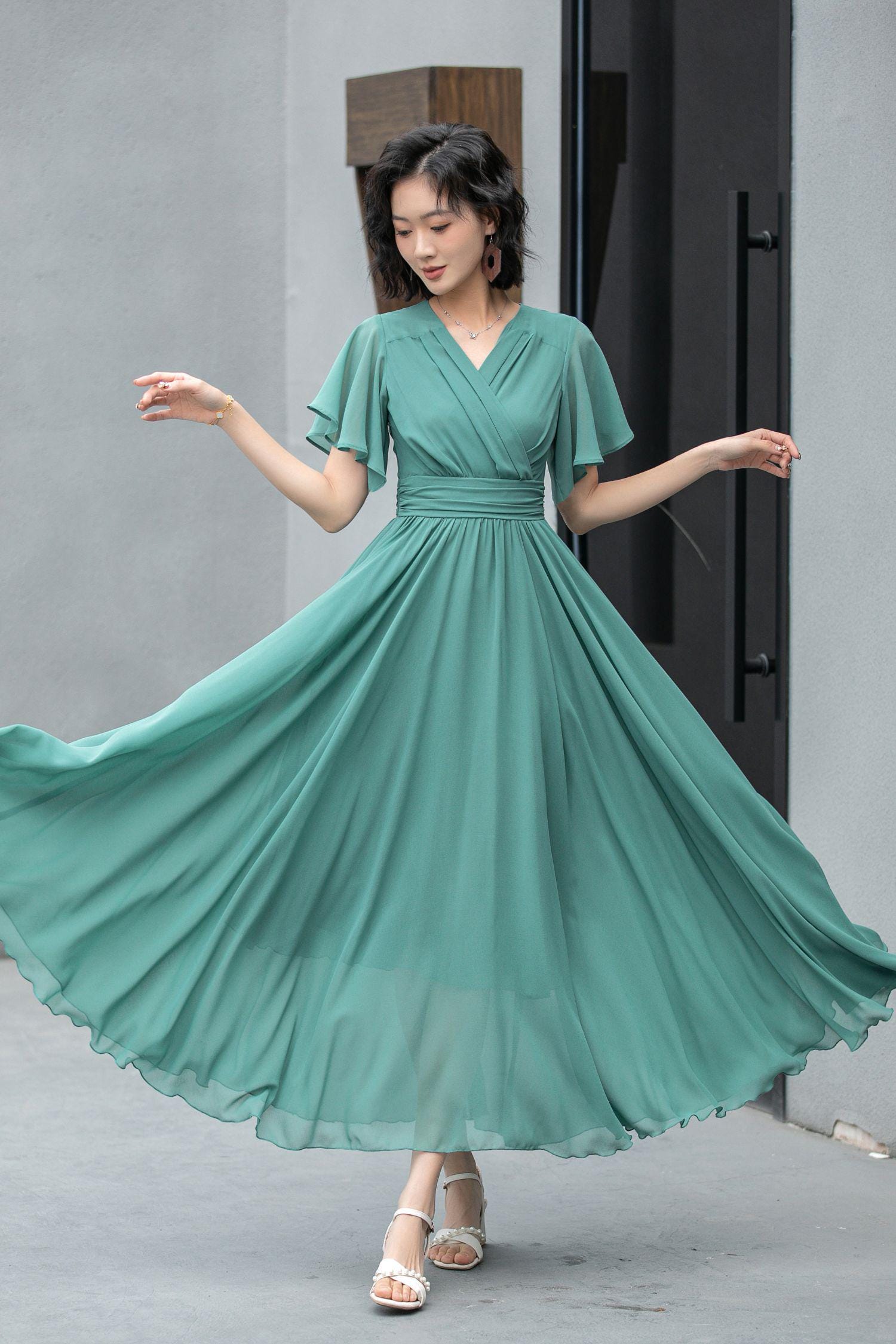 green emerald velvet dress BABARONI Short Chiffon Bridesmaid Dress with Pocket-Dark Green, Dark Green / US0 main image 1