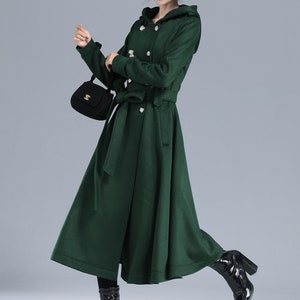 Damen Trenchcoat, Militärmantel Damen, Grüner langer Wollmantel mit Kapuze, Wintergürtel Swing Coat, doppelreihige Prinzessin Mantel 3212 Bild 4