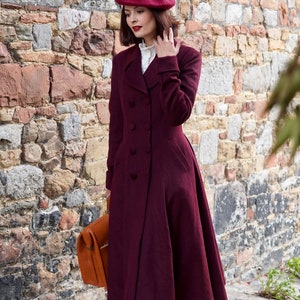 Wool Coat, Wine Red Wool Princess Coat, 1940s wool coat, Long Wool Coat, Winter Coat women, Wool Coat Women, Warm Wool Coat, Xiaolizi 3864 image 9