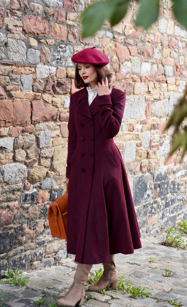 Wool Coat, Wine Red Wool Princess Coat, 1940s wool coat, Long Wool Coat, Winter Coat women, Wool Coat Women, Warm Wool Coat, Xiaolizi 3864 image 9