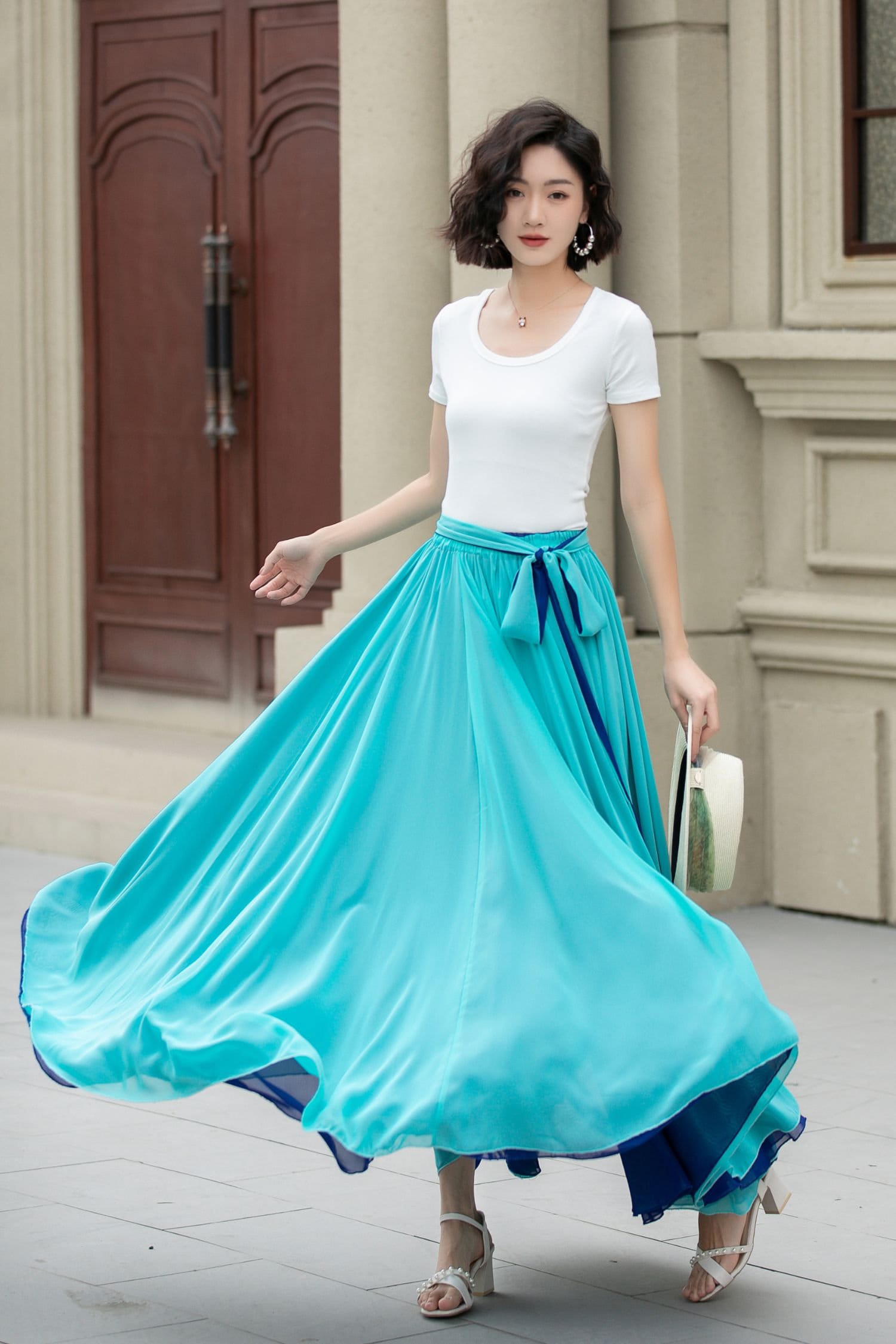 Chiffon Maxi Skirt Women, Summer Swing Chiffon Skirt, Blue