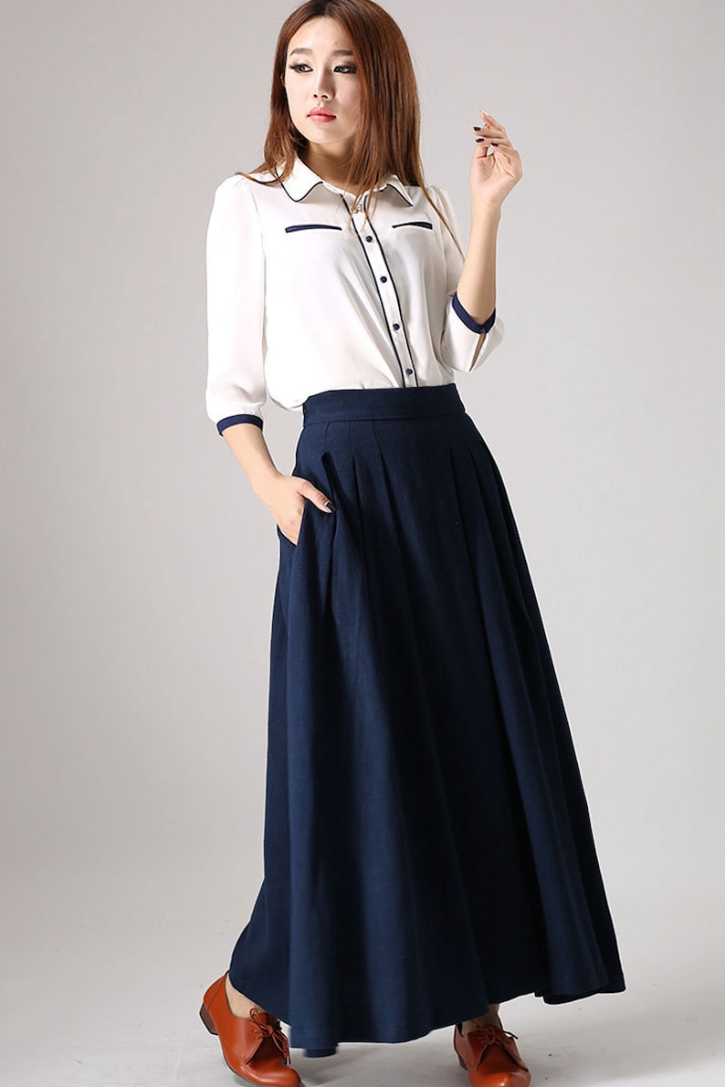Pleated Maxi Skirt Long Linen Skirt Blue Skirt Linen Skirt | Etsy