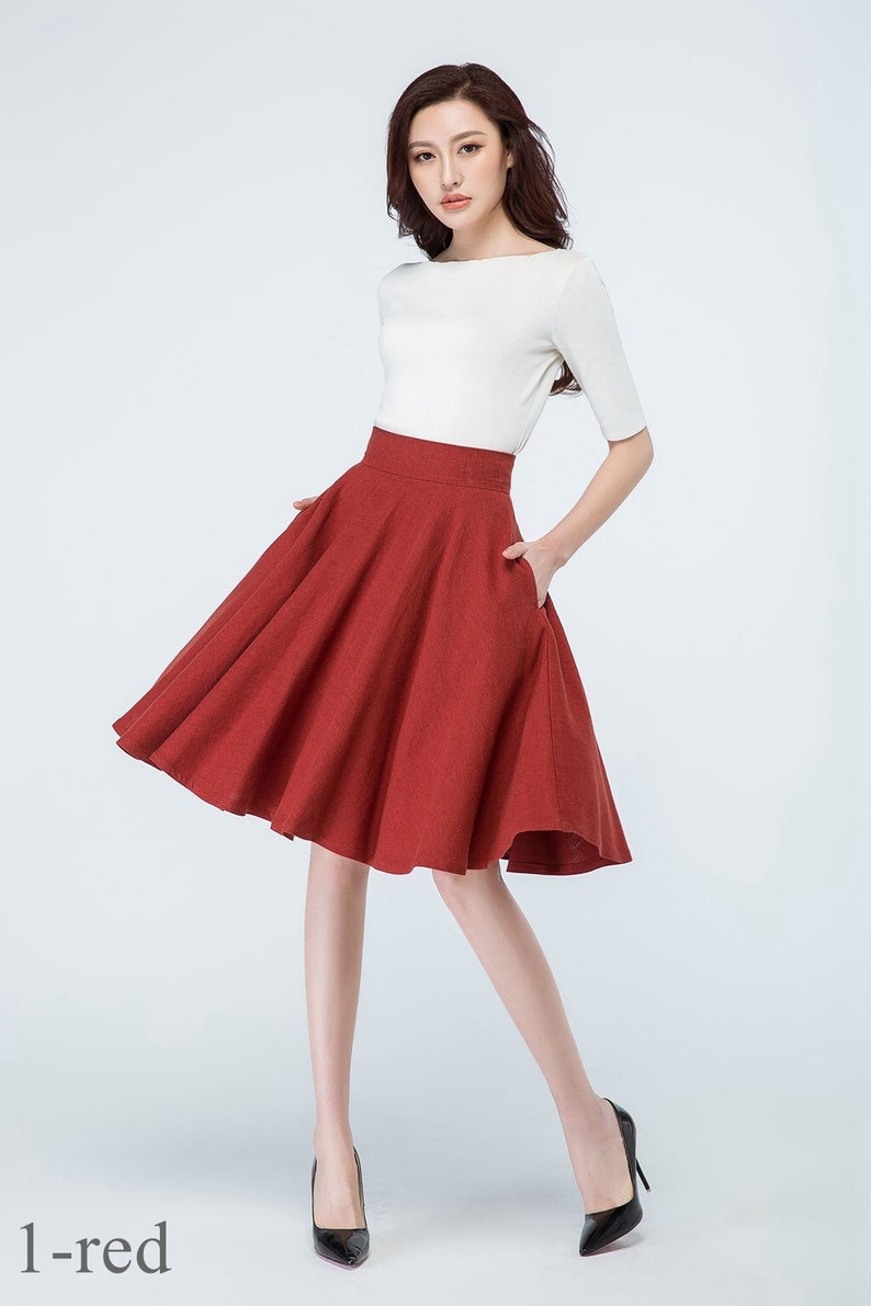 1950s Red Linen Full Circle Skirt, High Waisted Skater Skirt, A Line Midi skirt with Pockets, Flared Swing Skirt, Women's Pleated Skirt 1689 1-Red-1689