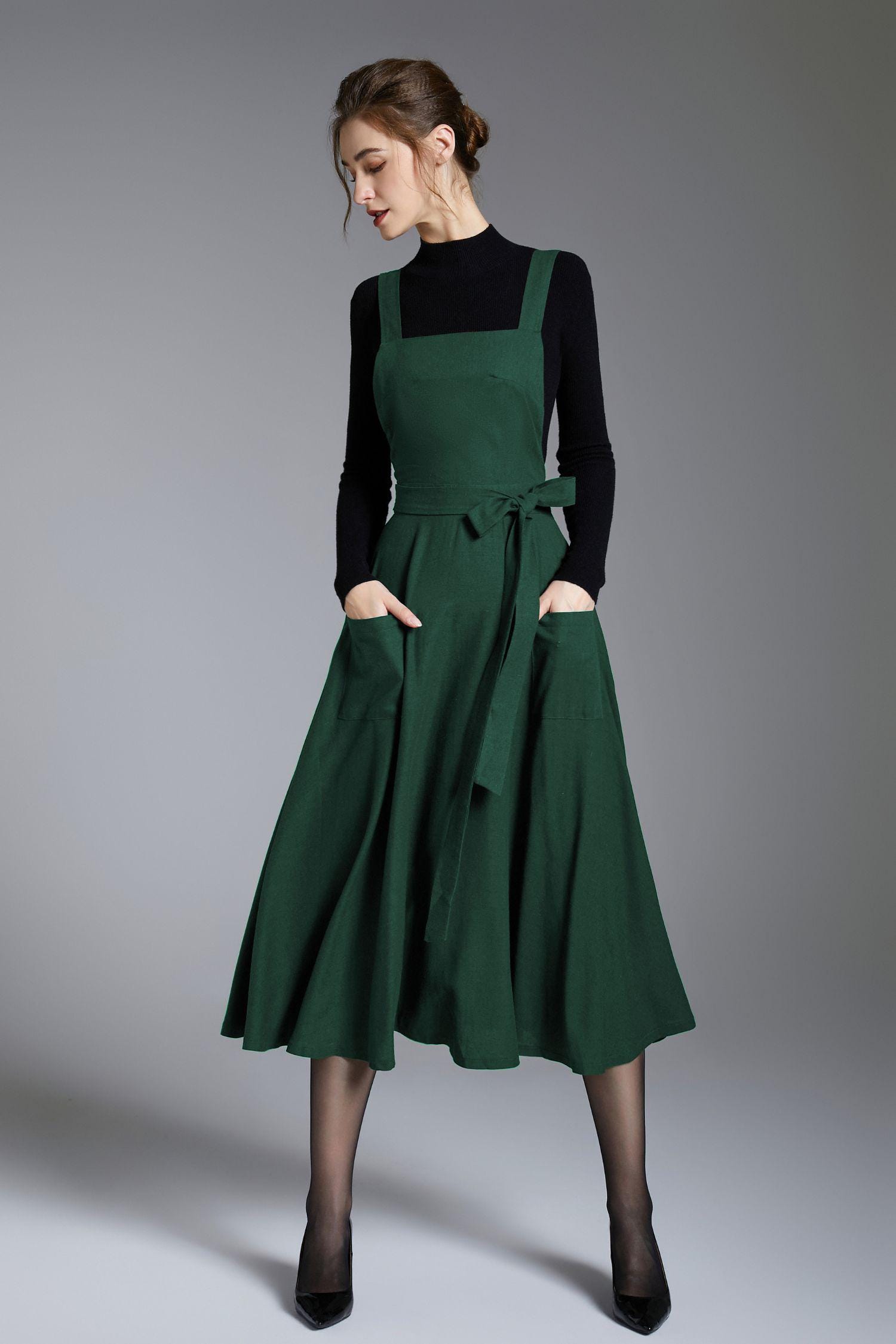 green pinafore dress womens Pine Green Cotton Linen V-Neck Midi Pinafore Dress 54