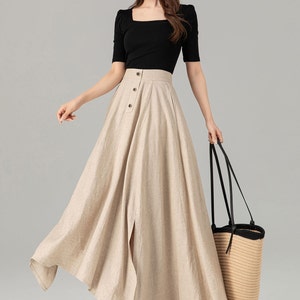 Linen Skirt, Long Skirt, Maxi Skirt, Beige linen Skirt, A-Line Linen Skirt, Swing Skirt, Women Linen Skirt, High Waist Skirt, Xiaolizi 4931 image 4