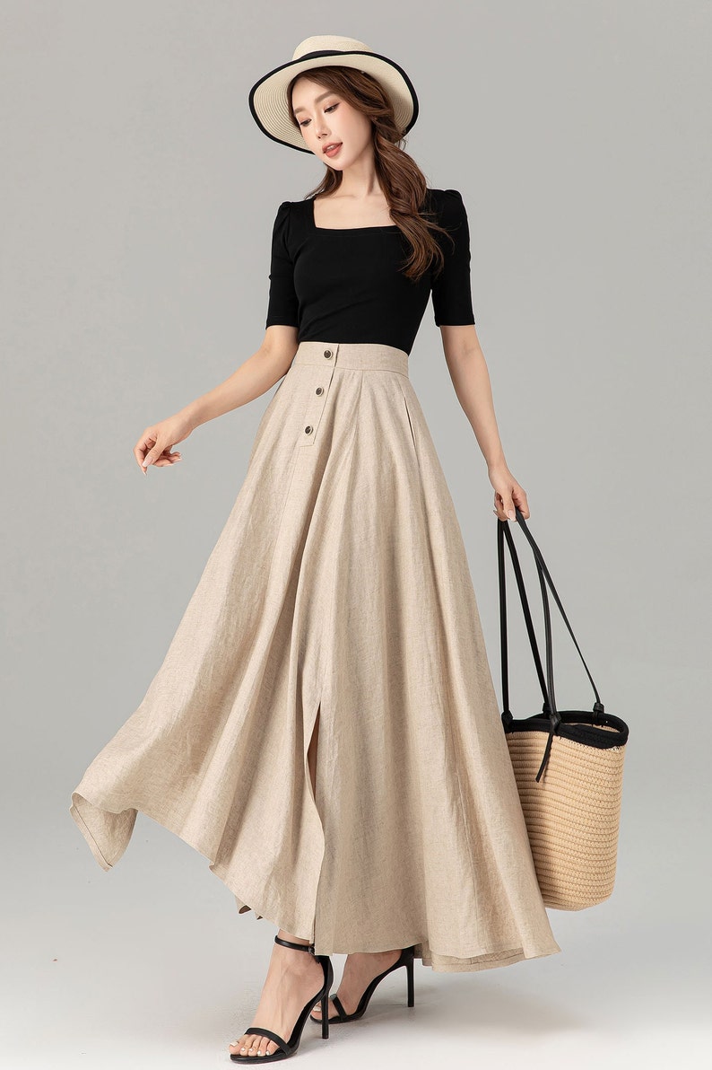 Linen Skirt, Long Skirt, Maxi Skirt, Beige linen Skirt, A-Line Linen Skirt, Swing Skirt, Women Linen Skirt, High Waist Skirt, Xiaolizi 4931 image 4