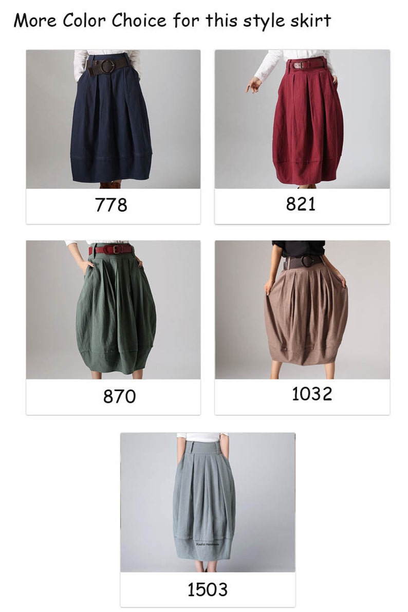 Op de afbeelding: Vijf verschillende kleurvariaties van een rok met een brede tailleband en zakken. De rok is midi-lang en heeft een geplooide, ballonvormige vorm. De kleuren zijn marineblauw, bordeauxrood, groen, bruin en lichtblauw.