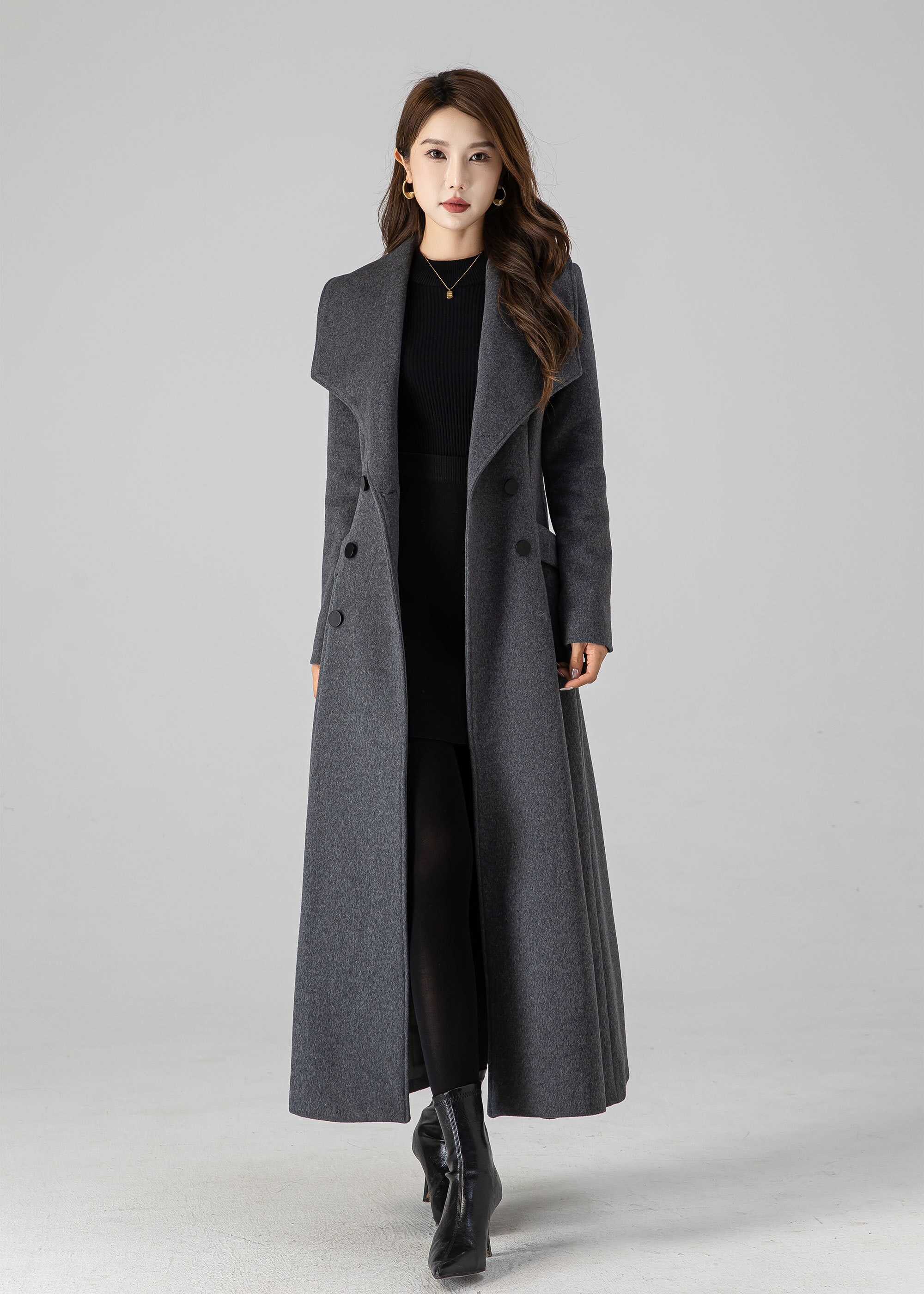 Dark Gray Wool Maxi Coat, Womens Wool Trench Coat, Warm
