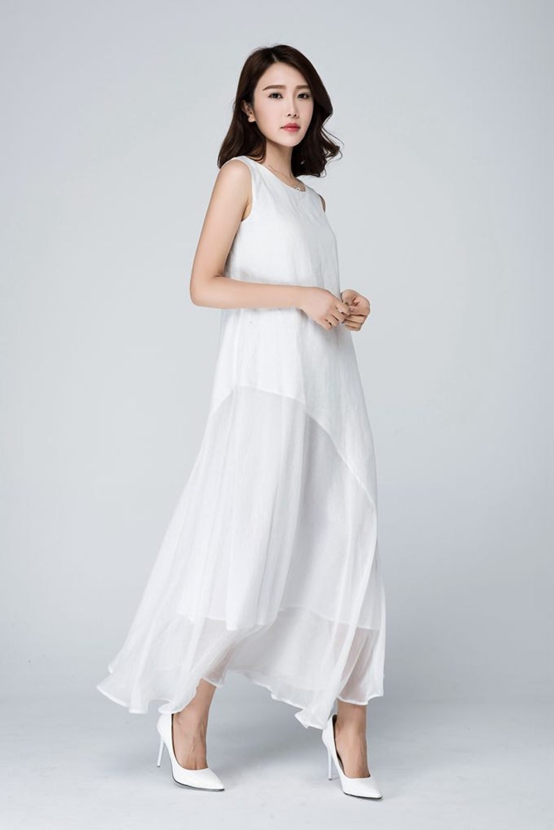 White dress, Plus size dress, Sleeveless dress, Linen dress, Chiffon dress, Women dress, Casual dress, Summer dress, Maternity dress 1577 image 3