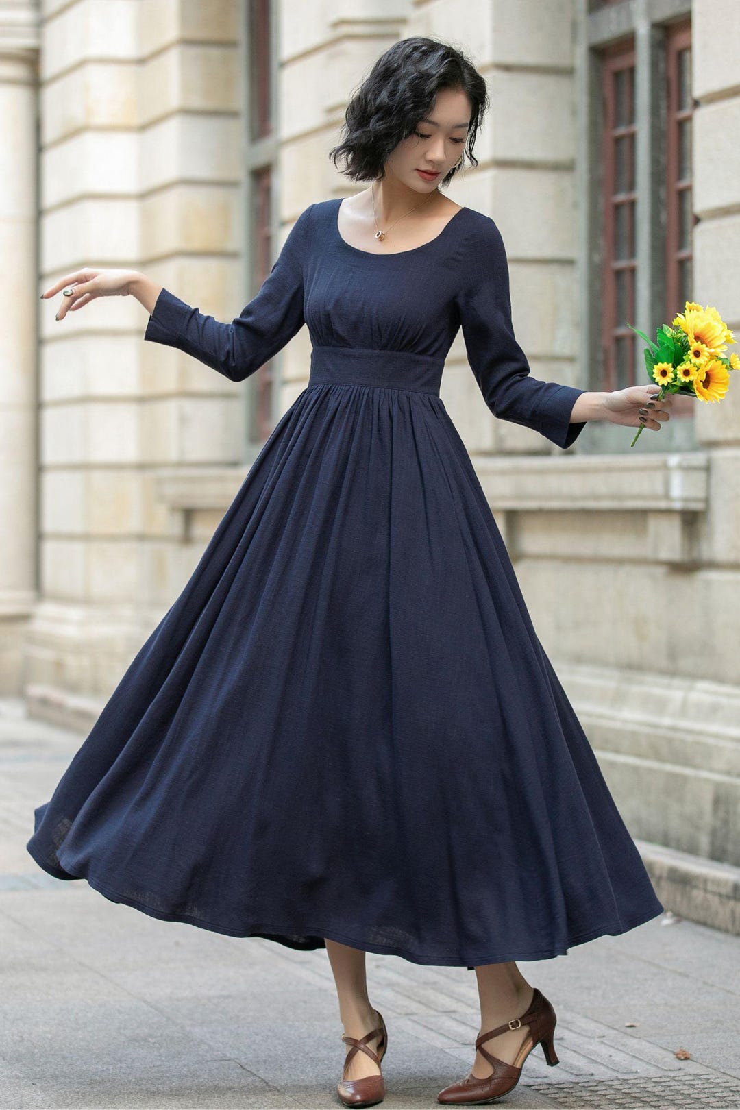 chinese dress ladies Berylove Women Maxi Mother Dress Plus Size Sparkly Navy A Line V Neck Wedding Party Guest Dress with Long Sleeves, Navy / 3XL main image 0