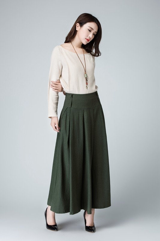 Olive green skirt long skirt pleated Maxi skirt linen | Etsy