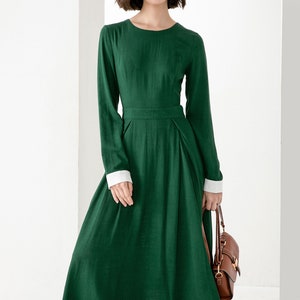 Long Sleeve Maxi dress in Black, Linen dress, Women's dress, Prom dress for women, full length dress, Contract Cuff Long party dress 1450 Green-3830#