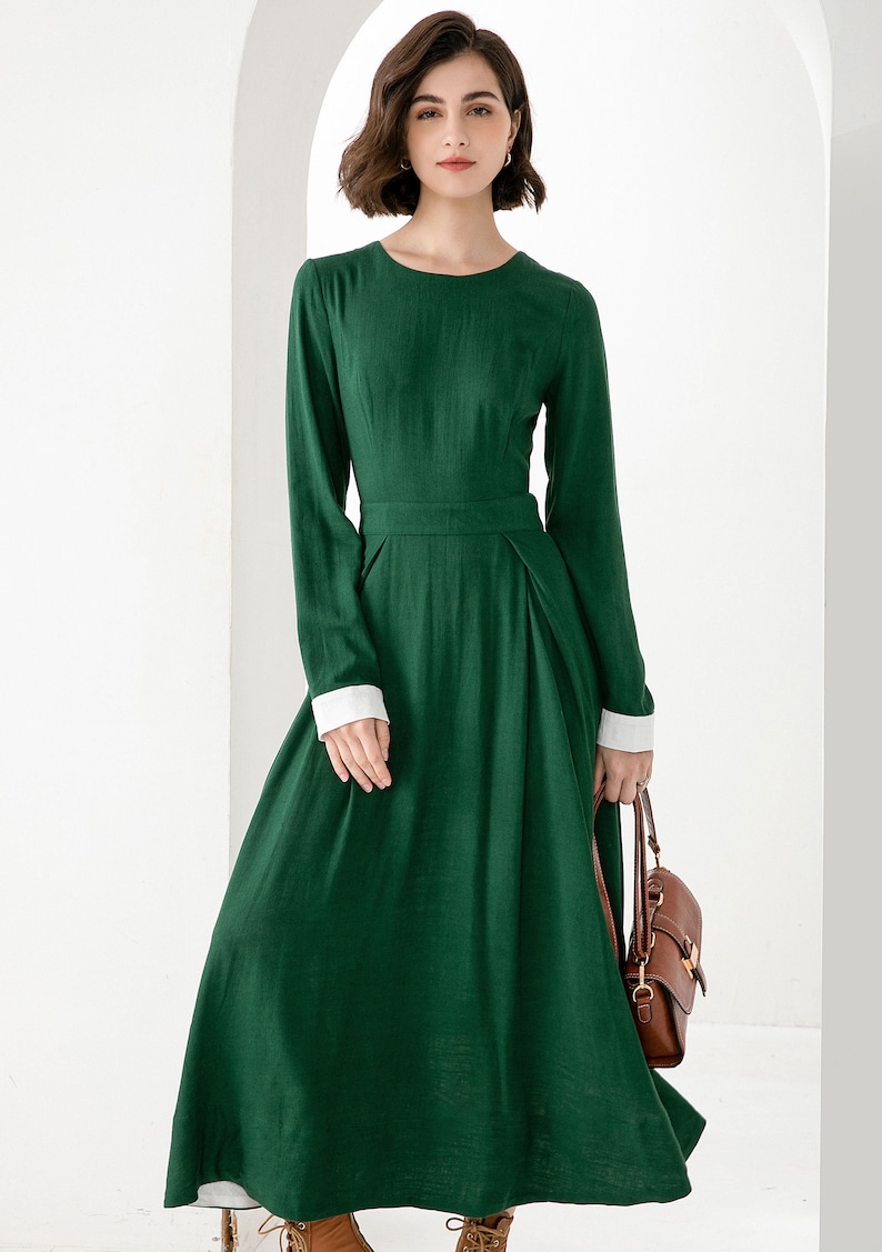 Long Sleeve Maxi dress in Black, Linen dress, Women's dress, Prom dress for women, full length dress, Contract Cuff Long party dress 1450 Green-3830#