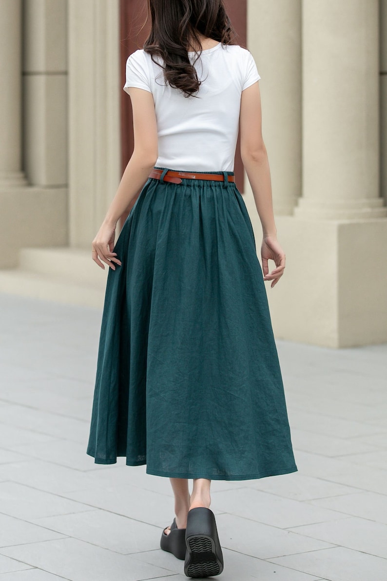 Linen skirt, Women's Midi skirt, A-Line linen Skirt, Button front Skirt, Dark Green Midi skirt with pockets, Plus size Skirt, Xiaolizi 4970 image 5