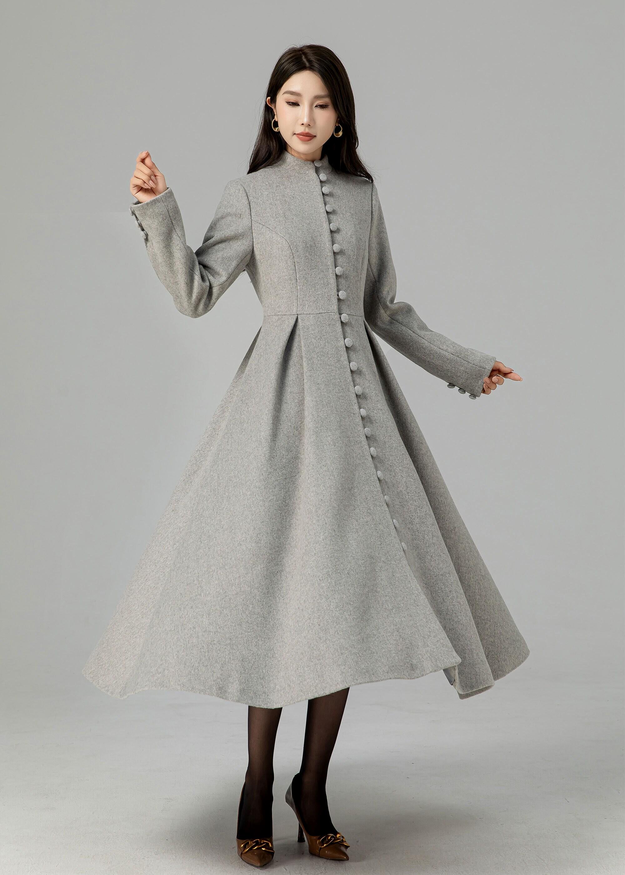 Long Wool Coat, Grey Wool Coat, Single Breasted Wool Coat, A