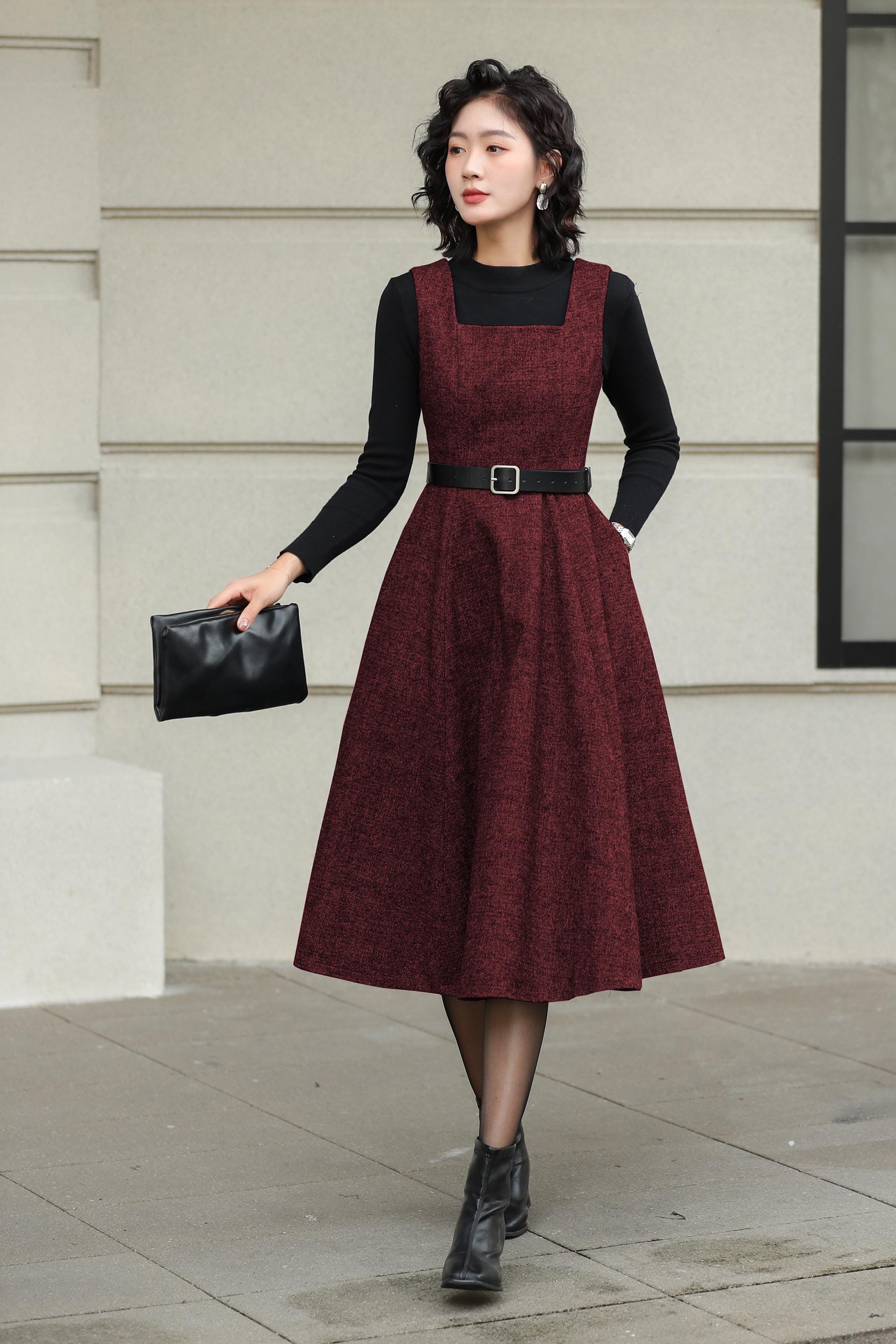 Burgundy Wool Pinafore Dress: Women Square Neck A-Line Retro Winter Handmade Dress, Xiaolizi 6559