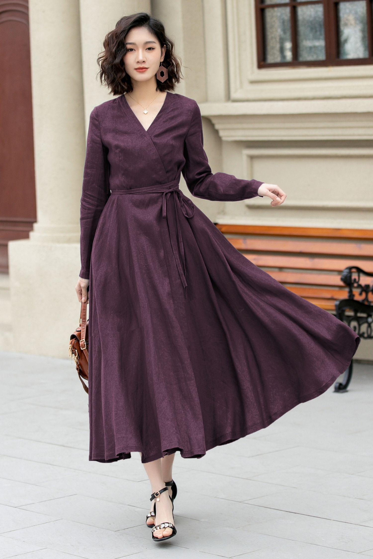 womens purple wrap dress Purple Linen Wrap Dress – Handmade Long Sleeve Maxi Dress Purple / XS