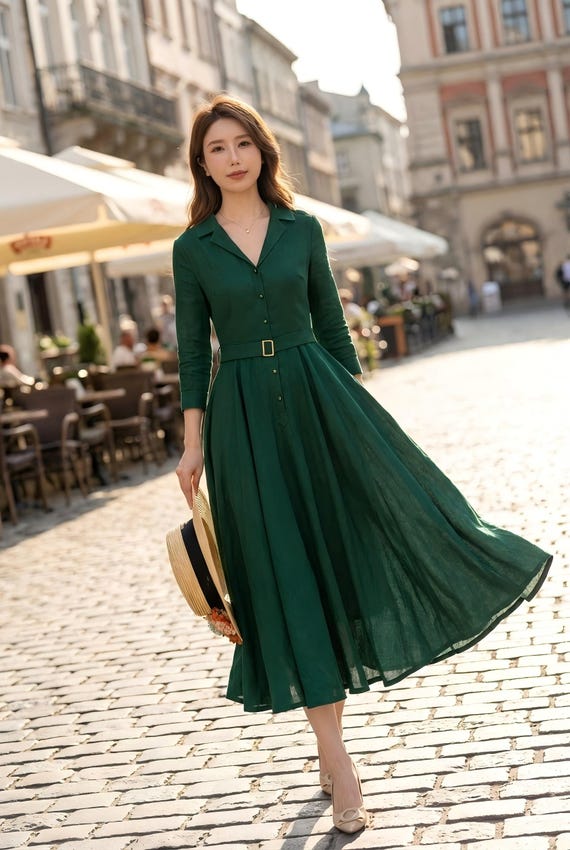 Green Linen Midi Dress, 1950s Style Swing Dress, Belted, Xiaolizi 4909