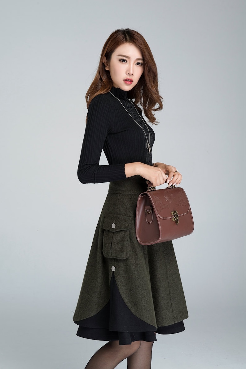 Winter Skater Wool Skirt Women, Wool Midi Skirt with Pockets, High Waist Layered Skirt, Patchwork Skirt, Wool Circle Skirt, Xiaolizi 1627 image 5